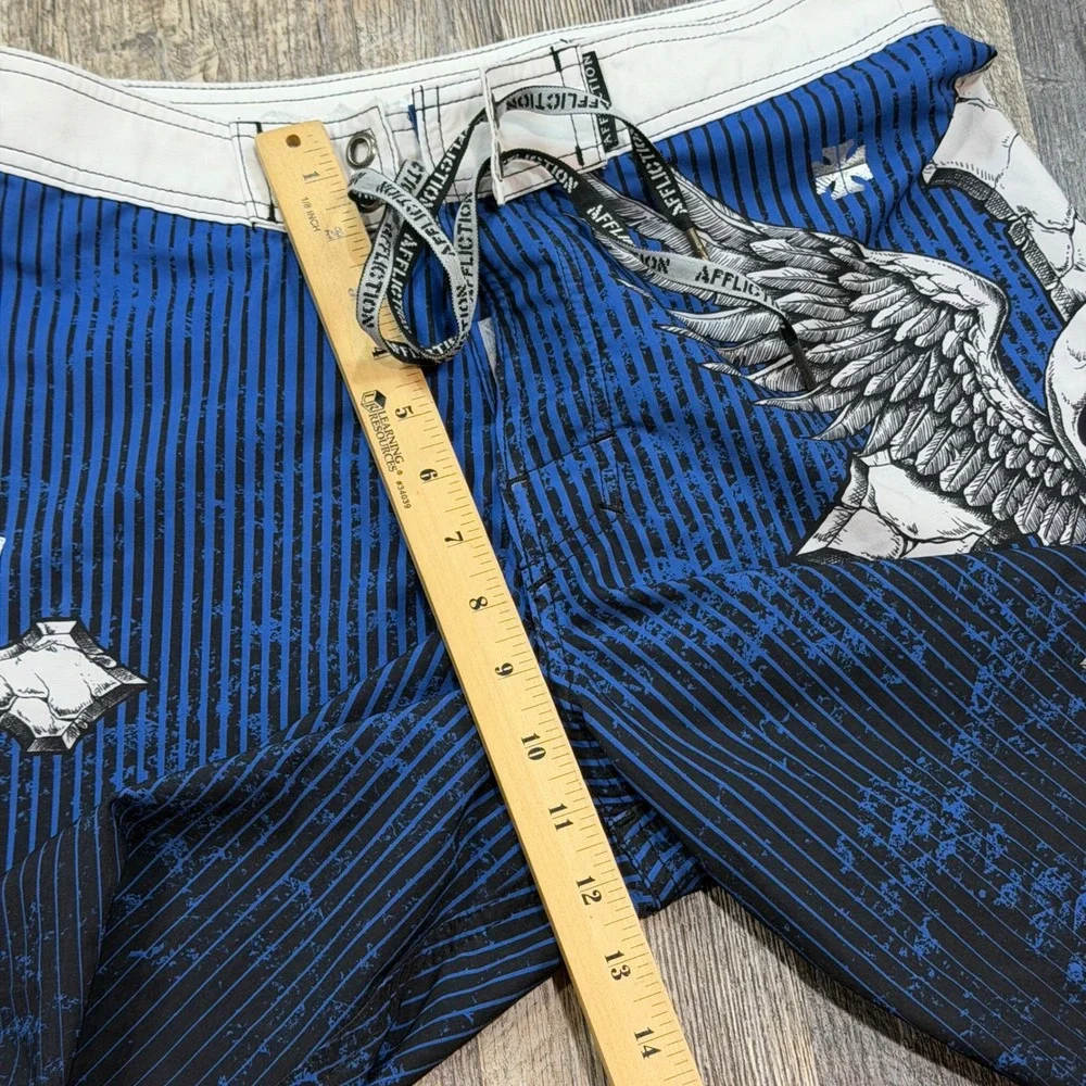 Affliction Board Shorts Men Size 30 Blue Black Skull Cross Winged Graphic MMA